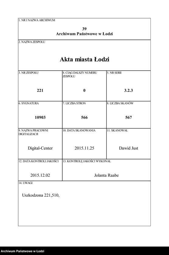 Obraz 1 z jednostki "Dowody metrykalne stałych mieszkańców m. Łodzi nr domu 1370-1371"