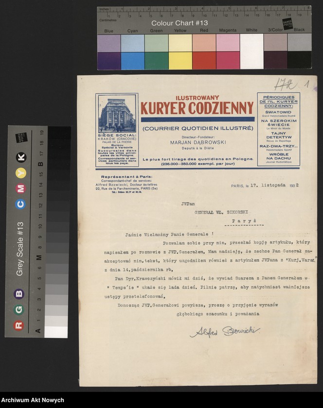image.from.unit.number "Bzowiecki Alfred, korespondent "IKC" w Paryżu.  Przesłanie tekstów artykułów o Władysławie Sikorskim."