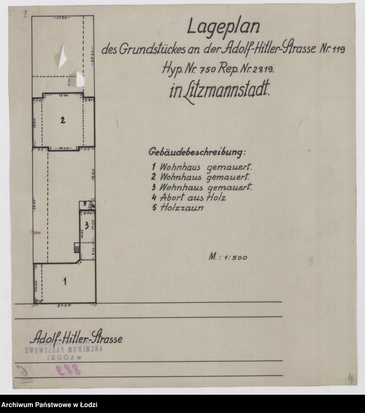 Obraz 1 z jednostki "Lageplan des Gründstückes an der Adolf Hitler Strasse Nr 119, Hypothek Numer 750 Rep 2819 in Litzmannstadt"