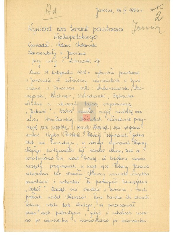 Obraz 8 z jednostki "Relacje i wspomnienia dotyczące powstania wielkopolskiego w Jarocinie i okolicy."