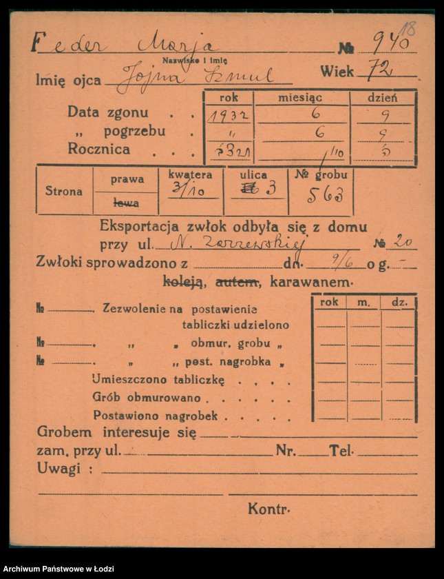 Obraz 19 z jednostki "Kartoteka osób pochowanych na cmentarzu żydowskim przy ulicy Brackiej w latach 1892-1961. Nazwiska na litery: Fe-Fisch"
