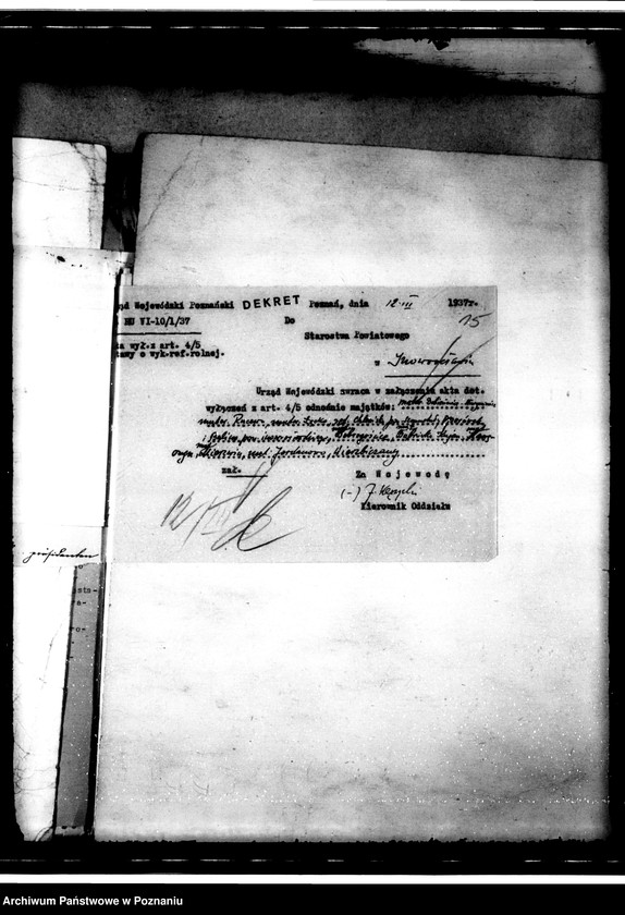 Obraz 19 z jednostki "Sprawy ogólne dotyczące wyłączeń z art.. 4 i 5 ustawy o wykonaniu reformy rolnej z terenu powiatu inowrocławskiego"