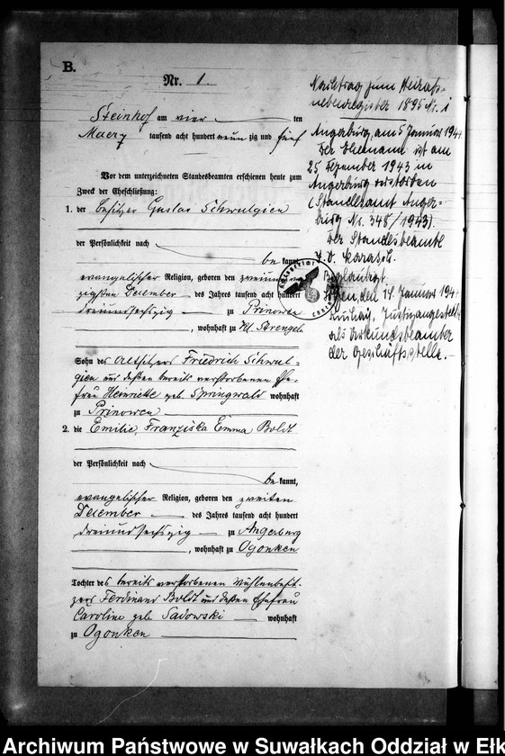 image.from.unit.number "Heiraths-Neben-Register des Preussischen Standes-Amtes Gr. Strengeln Kreis Angerburg"