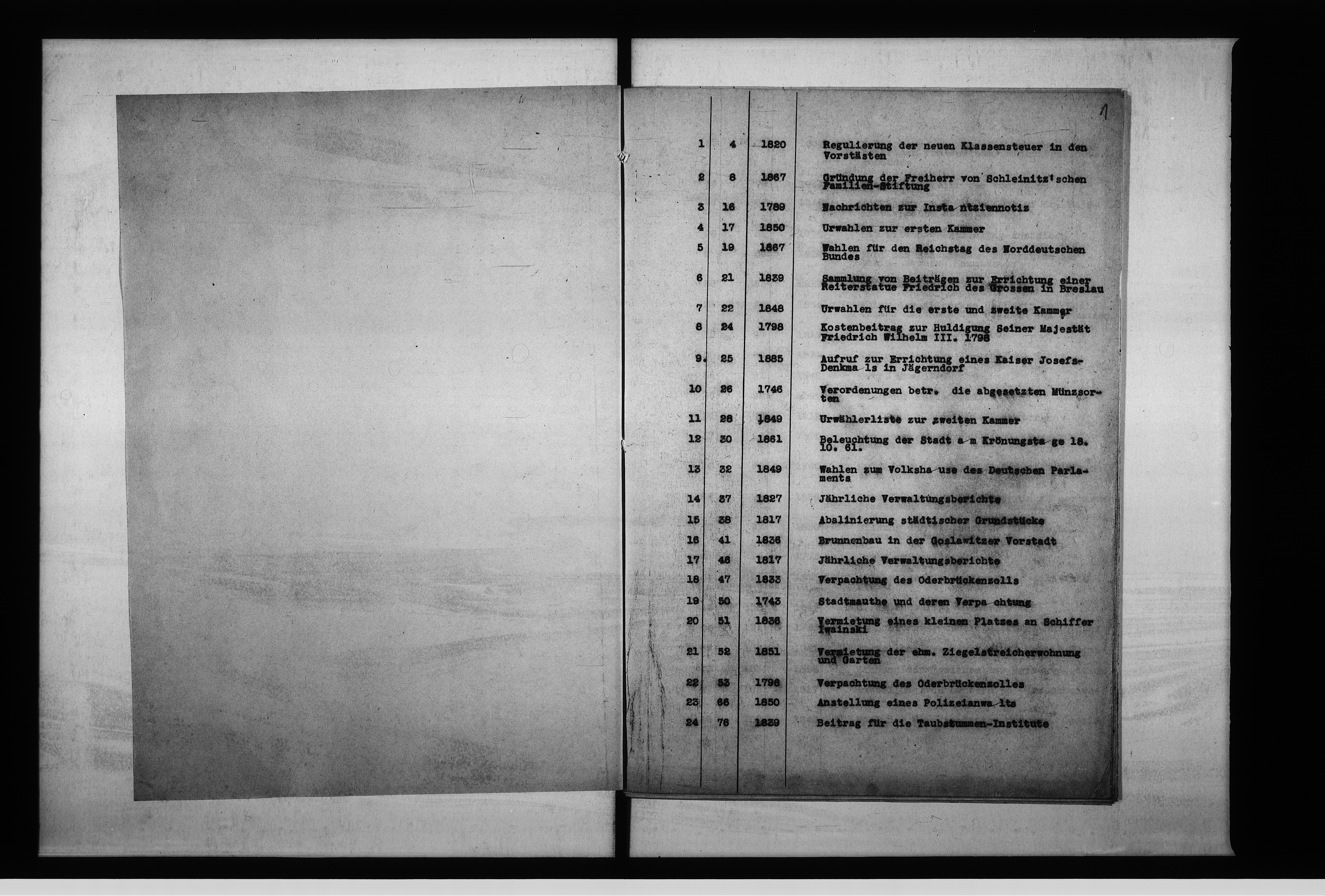 Obraz 5 z jednostki "Staatsarchiv Breslau Repositur 229 Abtlg. [Abteilung] Stadt Oppeln 2 abschriftliche Verzeichnisse enth[altend] Aktenstücke 1-1557 u[nd] 977a, 978a, zusammen 1559 Aktenstücke."