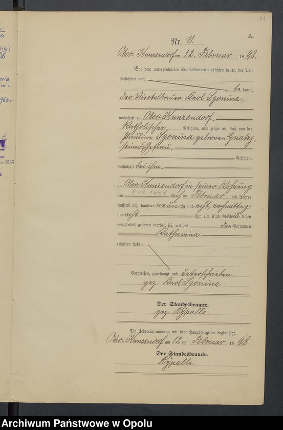 Obraz 15 z jednostki "Geburts-Neben-Register Standesamts Kunzendorf pro 1898"