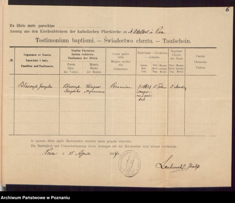 Obraz 8 z jednostki "Die von den Verlobten beigebrachten Urkunden zur Eheschliessung pro 1897"