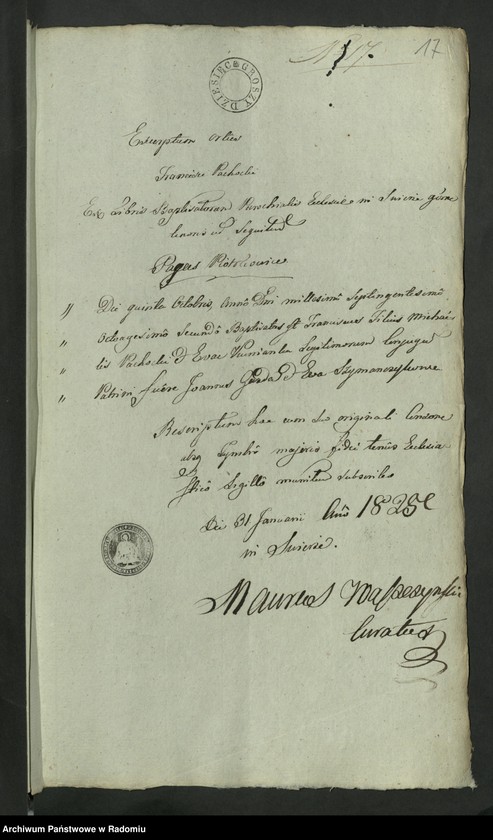 Obraz 19 z jednostki "Allegata z Roku 1825 z Parafii Kozienickiej do Akt Stanu Cywilnego Urodzenia, Zejścia i Zaślubienia"