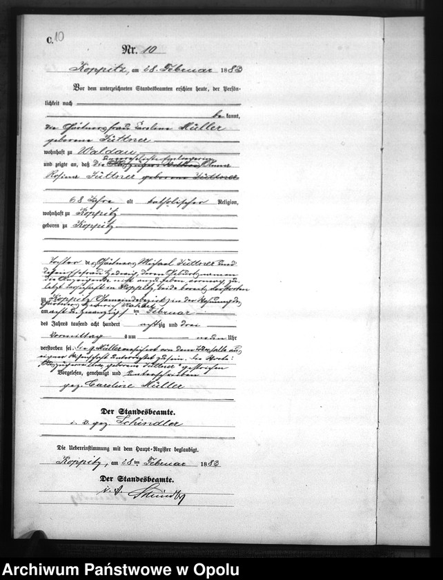 Obraz 13 z jednostki "Sterbe-Neben-Register Standesamts Koppitz pro 1883"