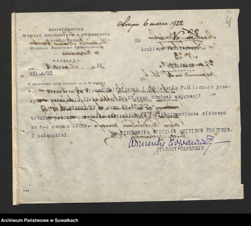 image.from.unit.number "[Korespondencja z Wydziałem Archiwów w Warszawie w sprawie list płac dla archiwisty i woźnego Archiwum Państwowego w Suwałkach]"