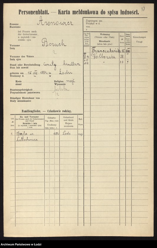 Obraz 19 z jednostki "[Spis ludności Łodzi] Aronowicz - Auerbach"