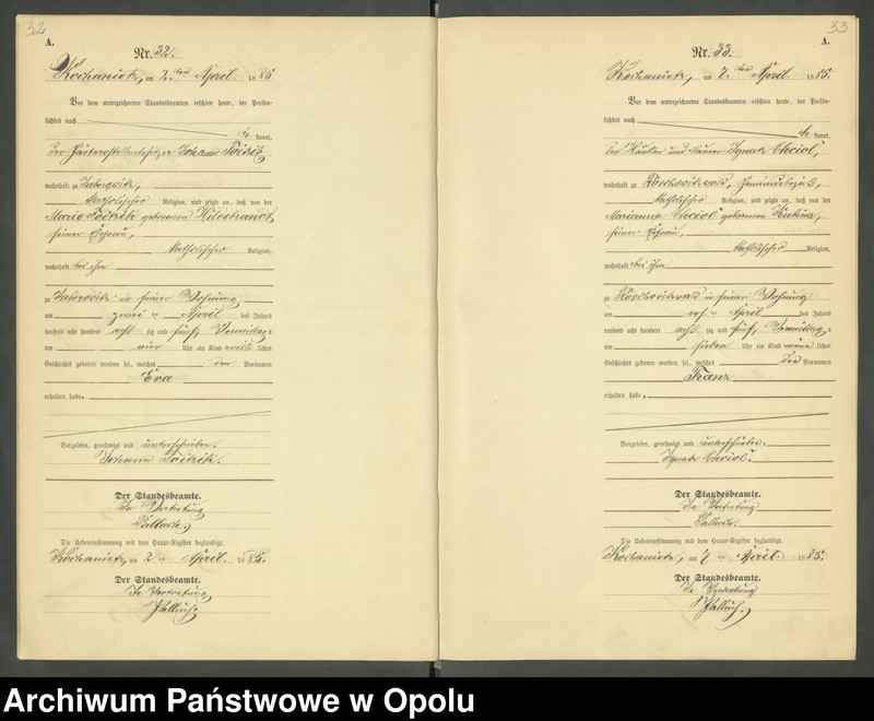 image.from.unit.number "Urząd Stanu Cywilnego Kochaniec Księga urodzeń rok 1885"