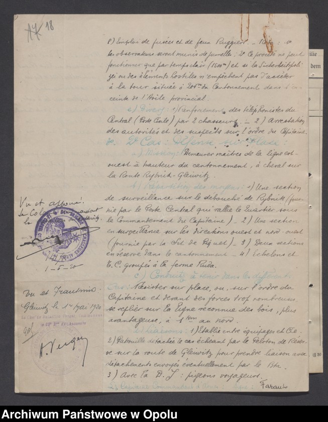 Obraz 18 z jednostki "/Plany obrony poszczególnych garnizonów przez oddziały wojsk francuskich na Górnym Śląsku na wypadek alarmu/"