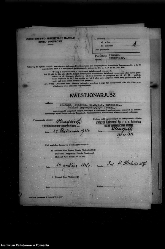 Obraz 4 z jednostki "Kwestionariusz Zakładu impregnacyjnego związku koksowni Spółka z o. o. w Katowicach Wronki powiat szamotulski"