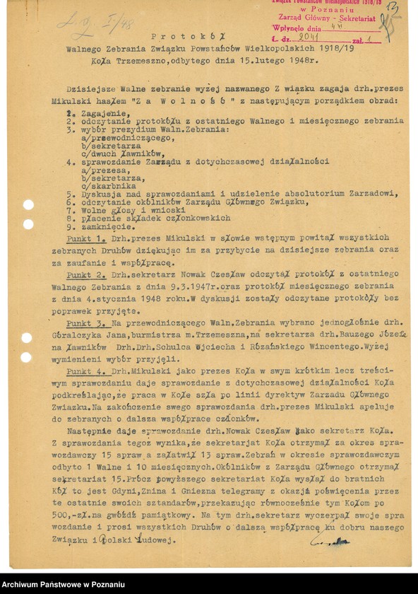 Obraz 15 z jednostki "Współdziałanie Zarządu Głównego Związku Powstańców Wielkopolskich z kołami: 1. Toruń [1948-1949] 2. Trzemeszno [1948-1949] 3. Tuchola [1949] 4. Ujście [1946-1949] 5. Wartosław [1948] 6. Wiejewo [1947] 7. Witkowo [1947] 8. Wolsztyn [1946-1949] 9. Wyrzysk [1947-1948] 10. Wysoka [1947] 11. Złotów [1947] 12. Żabikowo [1946-1949]"