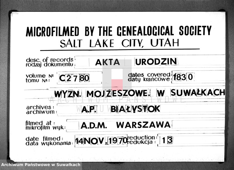image.from.unit.number "Duplikat Akta Urzędnika Stanu Cwilnego Wyznania Moyżeszowego Okręgu Suwalskiego Urodzonych z roku 1830"