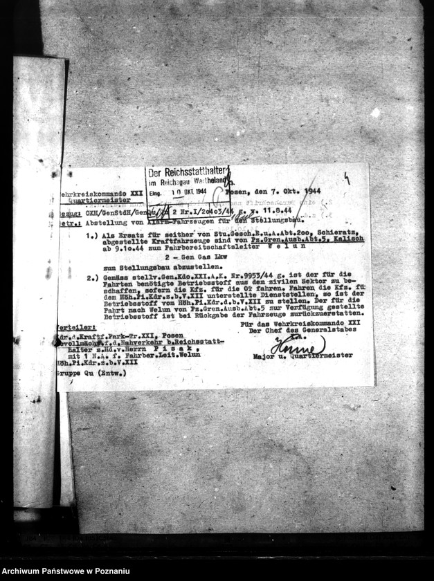 Obraz 8 z jednostki "Stellung von Alarm - Fahrzeugen für den Stellungsbau. Gespannstellung für Ostraumschutz. Beordnung von Gespannen."