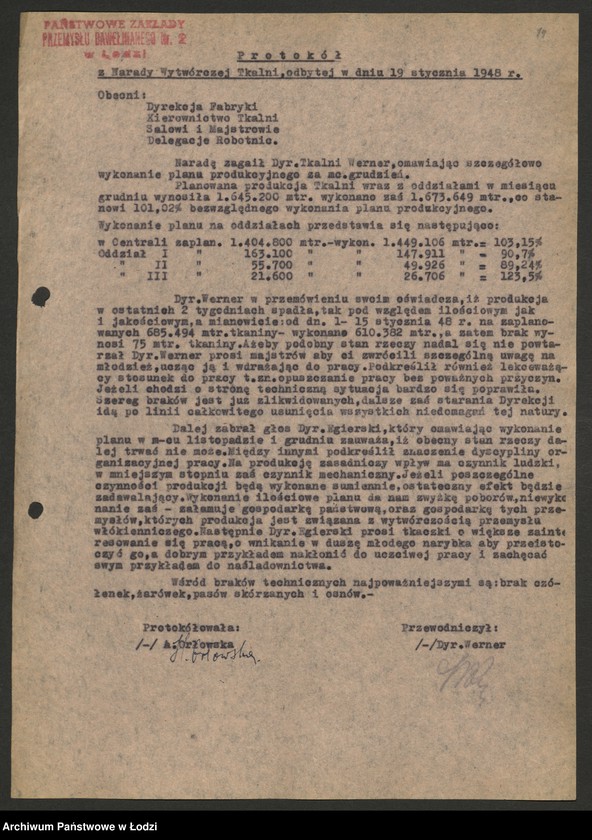 Obraz 15 z jednostki "Państwowe Zakłady Przemysłu Bawełnianego nr 2; protokoły z narad technicznych, raporty dzienne z wykonania produkcji, [meldunki o zarobkach]"