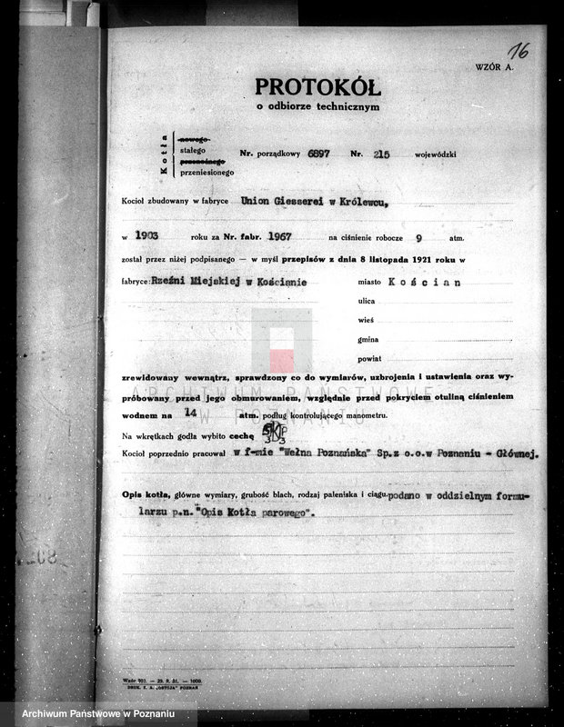 Obraz 20 z jednostki "Zarząd Miejski w Kościanie Rzeźnia Miejska nr woj. kotła 215"