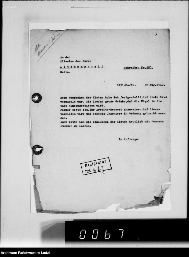 Obraz 5 z jednostki "Akten betr.Correspondenz mit dem Ältesten der Juden.Vom Schreiben Nr.1-1000"