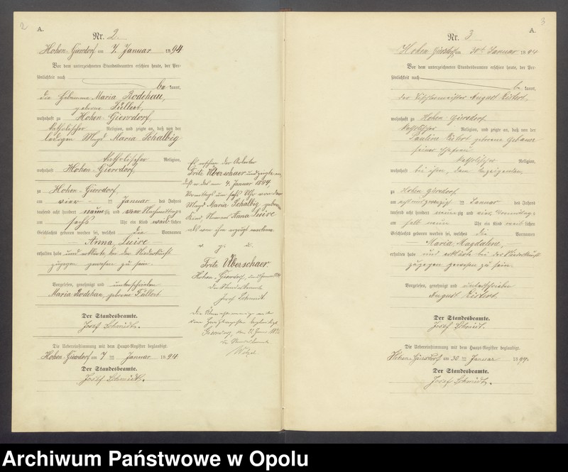 Obraz z jednostki "Geburts-Neben-Register Standesamts Hohen-Giersdorf pro 1894"