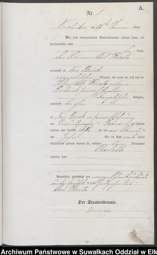 image.from.unit.number "Geburts-Haupt-Register des Königlich Preussischen Standes-Amtes Forstrevier Nicolaiken Kreis Sensburg für das Jahr 1883 [do 1887]"