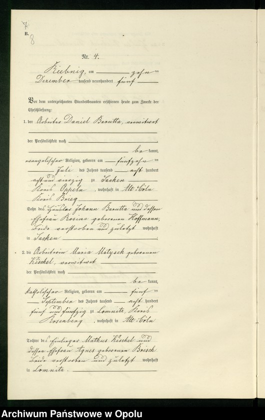 Obraz 11 z jednostki "Heiraths-Neben-Register Standes-Amt Riebnig 1905"