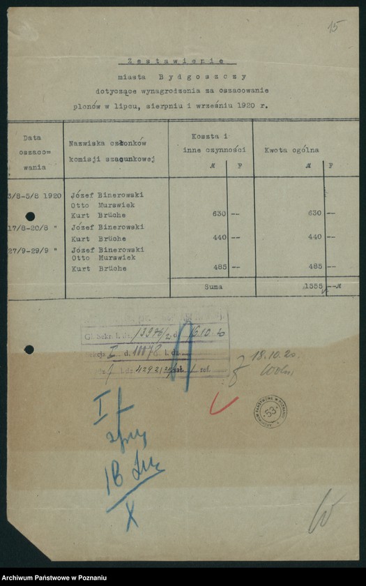 Obraz 16 z jednostki "[Statystyka produkcji rolnej - wynagrodzenia za oszacowanie plonów oraz stwierdzenie powierzchni zasiewów w 1920 roku]"