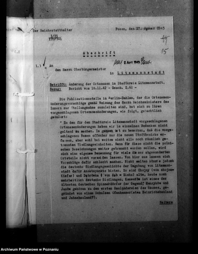 Obraz 19 z jednostki "Ortsnamenänderung - Litzmannstadt - Stadt (miasto Łódź)"