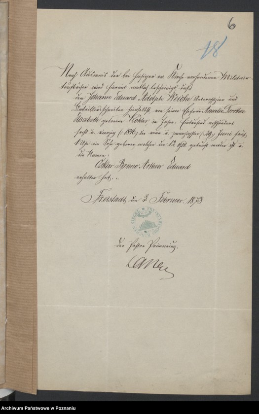 Obraz 8 z jednostki "Die von den Verlobten beigebrachten Urkunden zur Eheschliessung pro 1878"