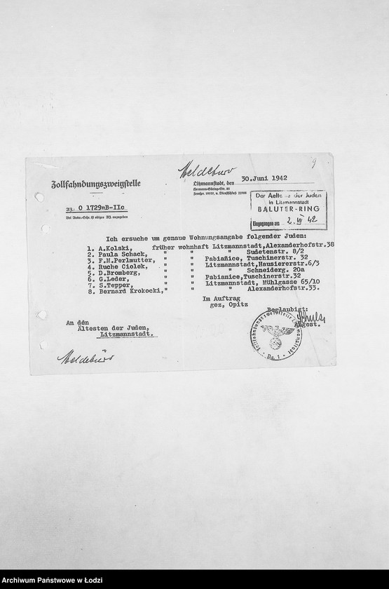 Obraz 12 z jednostki "[Korespondencja PSŻ z GV, z instytucjami i firmami niemieckimi w sprawie informacji o mieszkańcach getta: ich adresach, majątku, narodowości itp. – w związku z rentami i wierzytelnościami]"