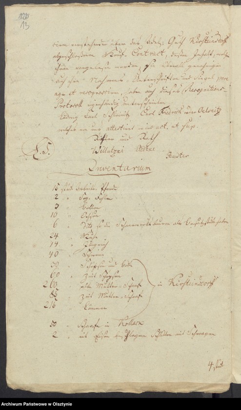 image.from.unit.number "In S. [Sachen] des v. [von] Schleinitz den Verkauf seines adelichen Guths Kirsteinsdorf [ Kiersztanowo] H. [Haupt] Amts Osterode [Ostróda] an den Lieutenant v. [von] Oelsnitz auf Plowenzin in Westpreussen"