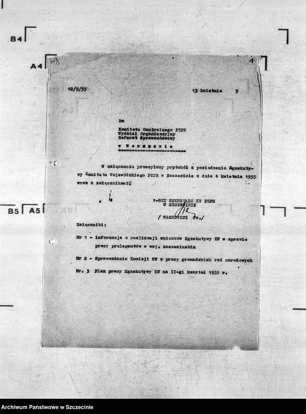 Obraz 5 z jednostki "Protokoły posiedzeń Egzekutywy Komitetu Wojewódzkiego Polskiej Zjednoczonej Partii Robotniczej: 4, 13, 26 kwietnia 1955 r."
