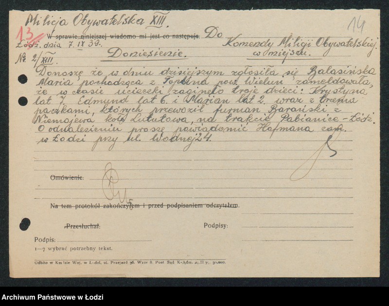 Obraz 16 z jednostki "[Akta XIII Komisariatu Milicji Obywatelskiej - protokoły i meldunki z zajść ulicznych, kradzieży, poszukiwań zaginionych]"