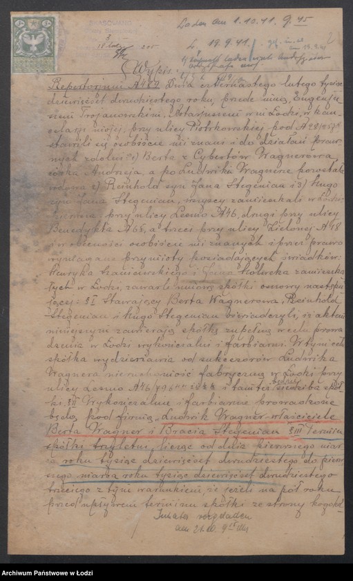 Obraz 4 z jednostki "Ludwik Wagner- właściciele Berta Wagner i Bracia Stegeman- prowadzenie farbiarni i wykończalni"