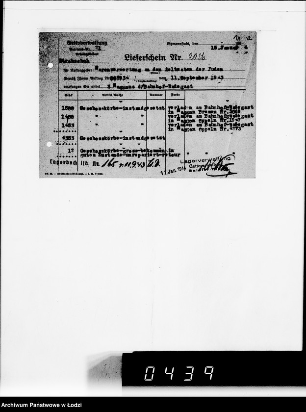 Obraz 17 z jednostki "Auftrag 5934. Warenverwertung an den Judenältesten für Munitionslager Lublin. Geschosskörbe"