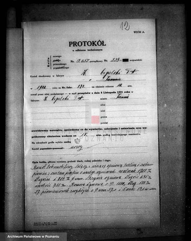 Obraz 15 z jednostki "Fabryka H. Cegielski w Poznaniu T. A. nr porz. kotła 239"