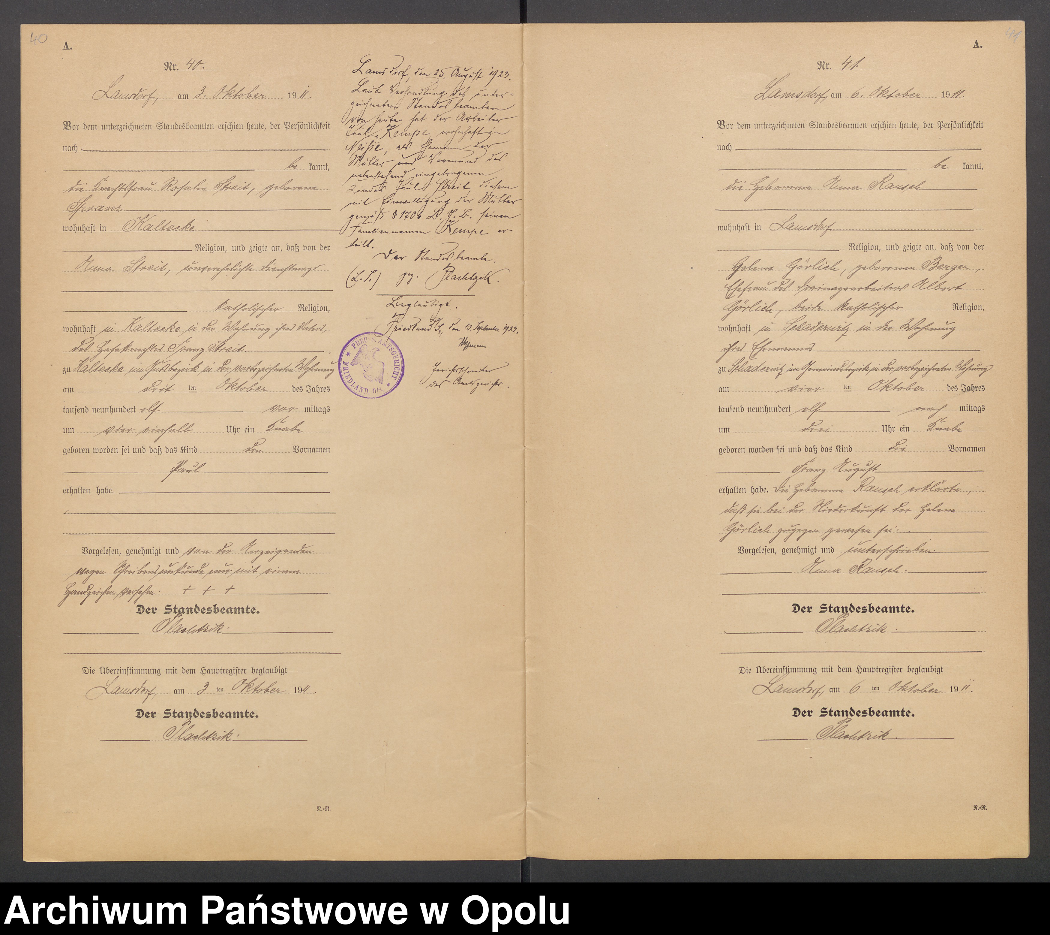 Skan z jednostki: Geburts-Register (Neben-Register) Standesamt Lamsdorf 1911 No. 1 bis 54.