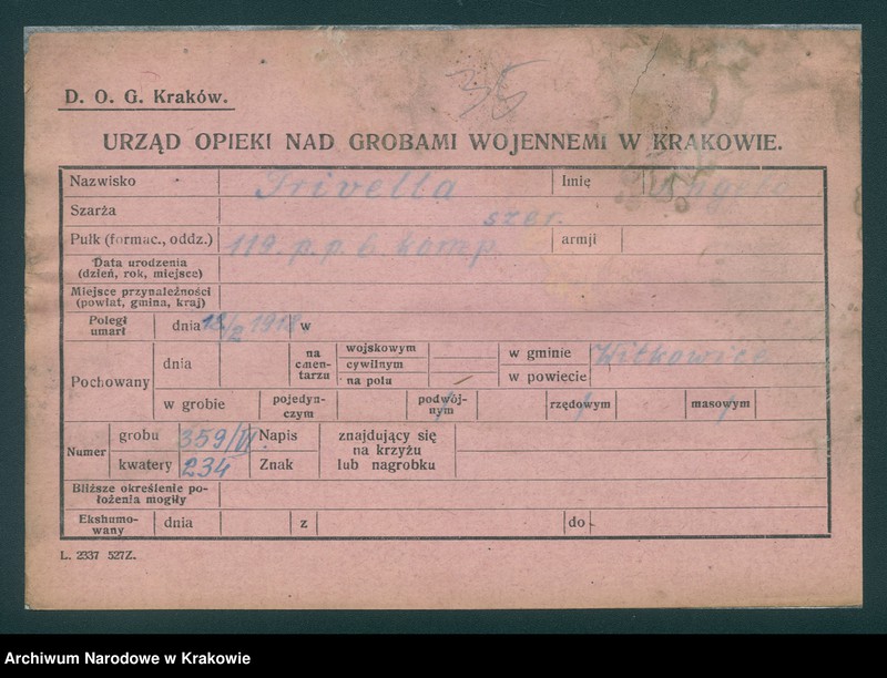 Obraz 20 z jednostki "Karty ewidencyjne zmarłych Włochów na terenie powiatów Zabrek, Cernovir, Witkowitz (Czechy)."