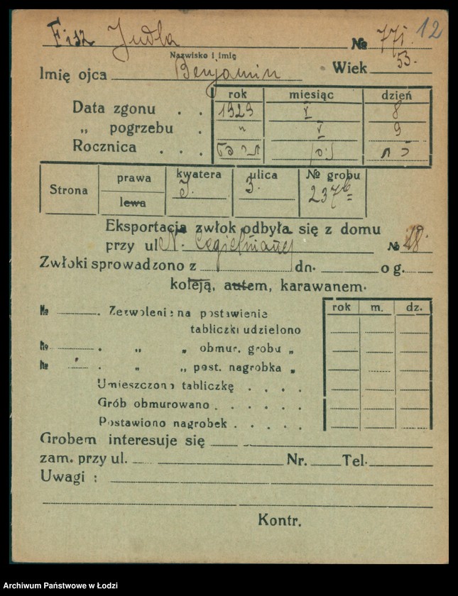 Obraz 13 z jednostki "Kartoteka osób pochowanych na cmentarzu żydowskim przy ulicy Brackiej w latach 1892-1957. Nazwiska na litery: Fisz-For"