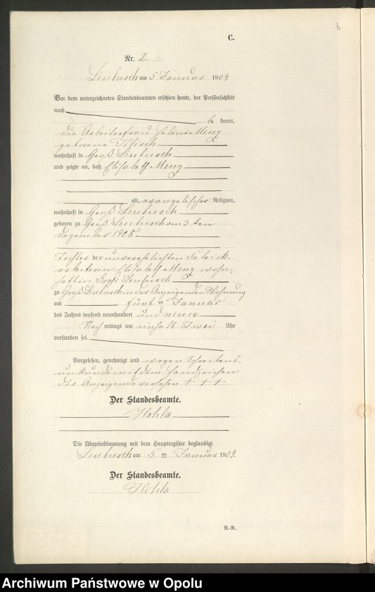 image.from.unit.number "Sterbe-Register (Neben-Register) Standesamt Leubusch 1909"