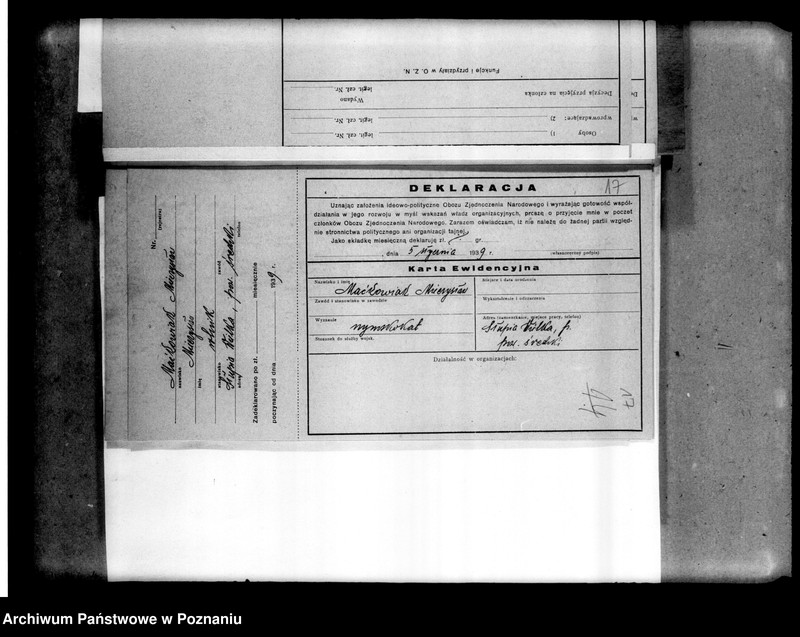 Obraz 16 z jednostki "Korespondencja w sprawach organizacyjno-personalnych Obozu Zjednoczenia Narodowego - podanie w sprawie poparcia, opinii, zaproszenia i powiadomienia o zebraniach, deklaracje"