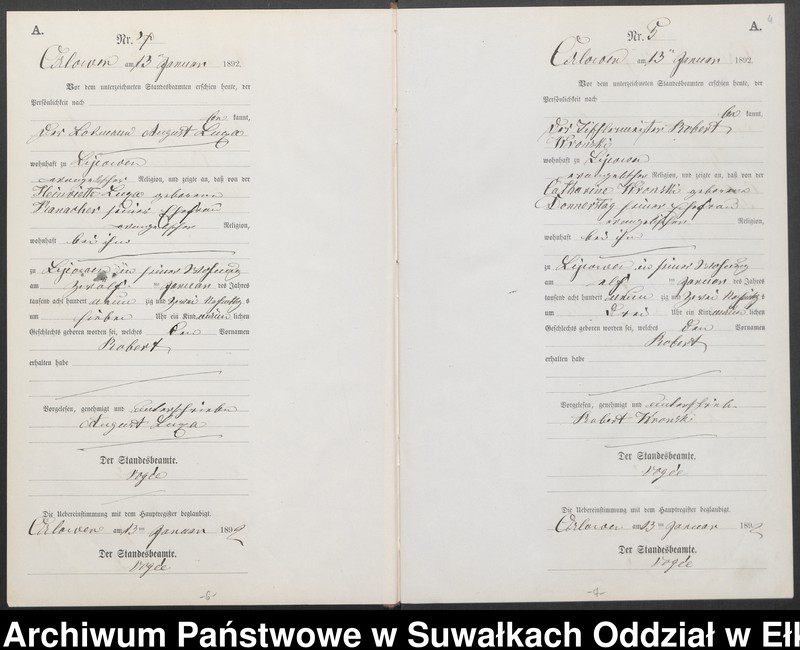 image.from.unit.number "Geburts-Neben-Register des Preussischen Standes-Amtes Orlowen Kreis Loetzen für das Jahr 1892"