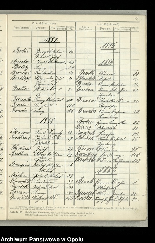 Obraz 12 z jednostki "[Skorowidz alfabetyczny do ksiag małżeństw USC Opole za lata 1881-1897]"