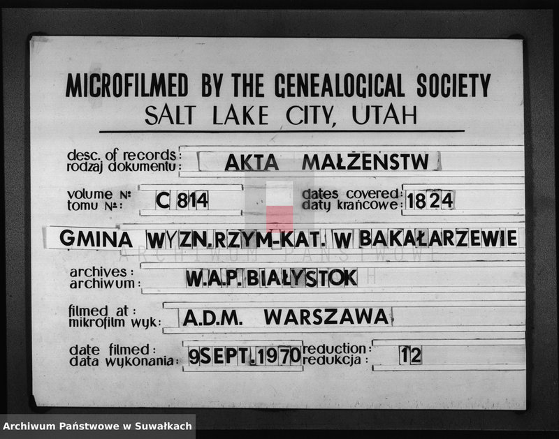 Obraz 1 z jednostki "Akta Zaślubionych Urzędnika Stanu Cywilnego Gminy Bakałarzewskiey Na Rok 1824-ty"