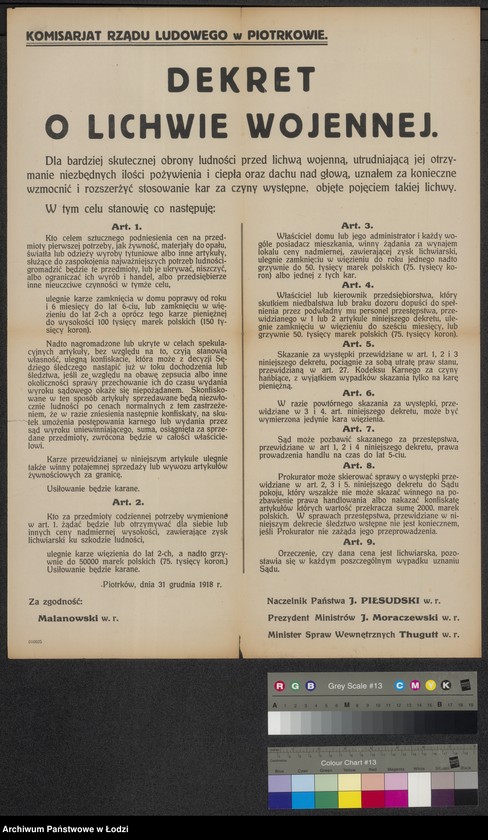 Obraz 1 z jednostki "[Obwieszczenie dekretu Naczelnika Państwa o lichwie wojennej]"