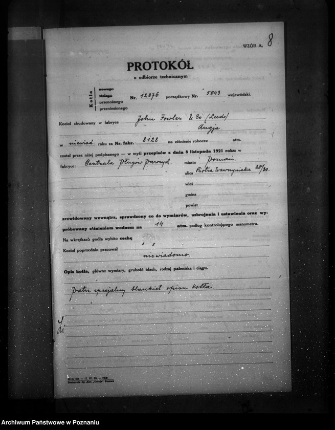 Obraz 12 z jednostki "Fabryka maszyn własność Centrali pługów parowych Poznań nr woj. kotła 5843"