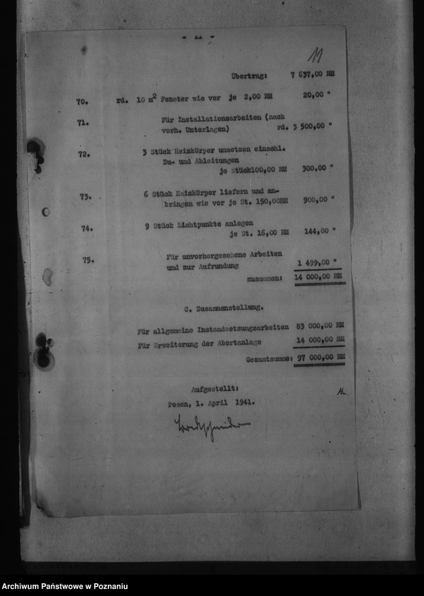 Obraz 15 z jednostki "Kostenüberschlag für Instandsetzungsarbeiten im Gebäude der Staatlichen Ingenieurschule, Posen, Bergerstr. 5."