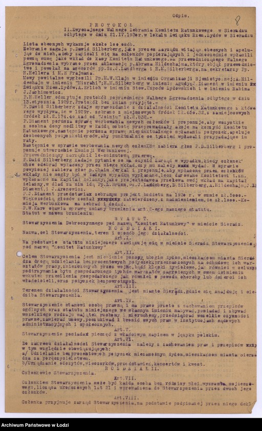 Obraz 11 z jednostki "Żydowskie Stowarzyszenie Dobroczynności "Komitet Ratunkowy" w Sieradzu"