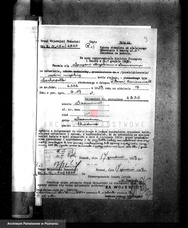 Obraz 7 z jednostki "Zarząd Miejski Szamocin, rzeźnia miejska zatwierdzenie kotła nr fabr.6392, woj. 6835"