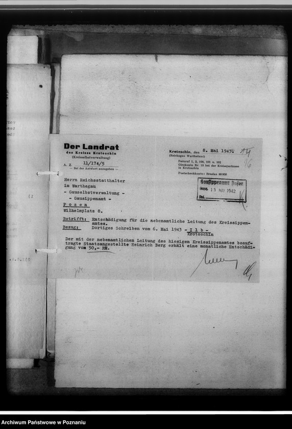 Obraz 20 z jednostki "[Korespondencja w sprawach organizacyjnych, sprawozdanie z działalności Kreissippenamt w Krotoszynie]"